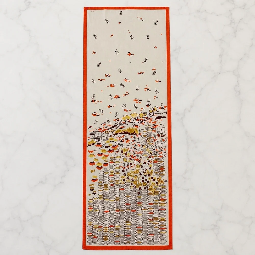 Vintage Cottage Landscape Floral Scarf‎ Womens Orange Retro Mid Century Modern